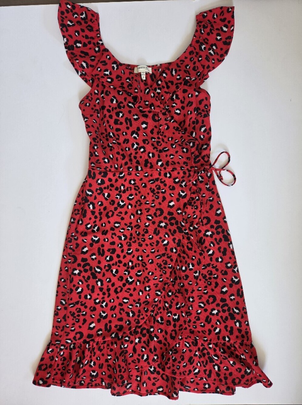 Monteau LA faux wrap red leopard print mini midi dress frills sleeveless sz S